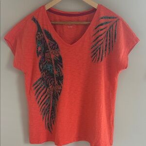 Soft Surroundings Orange V-Neck Tee with Leaf Pattern